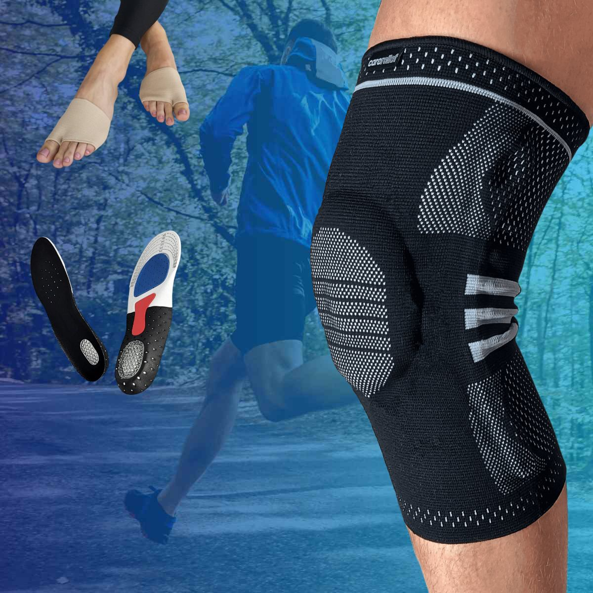 Køb kvalitets støttebind, bandager, skinner, sportstape, såler og indlæg til sko med kompression, støtte og aflastning hos Carerelief. Bestil i dag med leveringstid 1-2 hverdage.