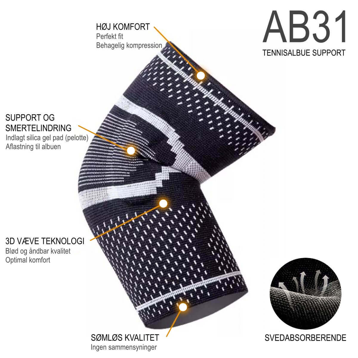 Albuebandage med kompression og gel støtte. Bedste støtte og aflastning mod smerter fra skader, overbelastning, tennis- og golf albue. Optimal støtte til venstre albue ved træning. Køb albuebind AB31 til sport og hverdag, 4 str. sort.