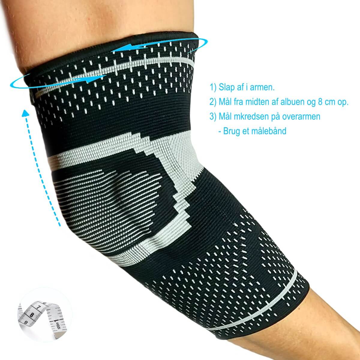 Albuebandage med kompression og gel AB35, giver støtte og smertelindring til højre albue og arm fra overbelastning, skader, gigt, sport og styrketræning. Se størrelsesguide for albuebind med gel, str. s, m, l, xl hos Carerelief.  