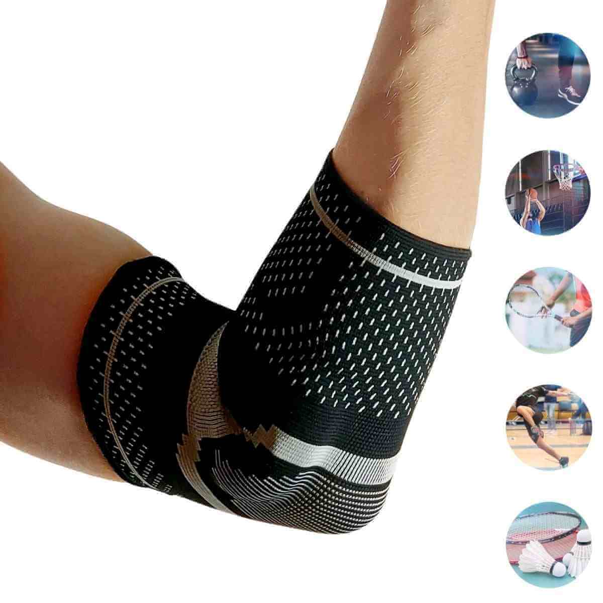 Albuebandage med kompression og gel til en overbelastet og skadet tennisalbue. Køb kvalitets albuebind og bandage til sport/træning på Carerelief.dk.