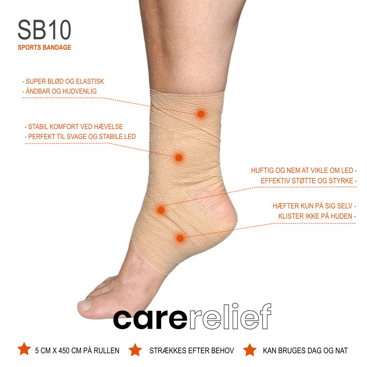 Sportstape SB10 er en elastisk wrap bandagetape forbinding, der giver støtte og aflastning til led, sener og muskler fod, ankel, albue, fingre, knæ og håndled. Køb 1 rullesports forbinding hos Carerelief.dk. 