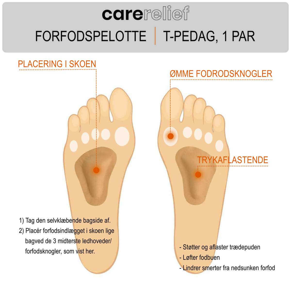 Forfodspelotte af skind med gel, 2 stk. T-Pelotte indlæg løfter og støtter en øm trædepude fra nedsunken forfod. Sådan placerer du pedag forfodsindlæg i skoen!