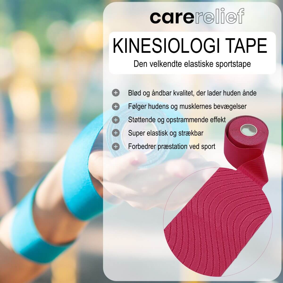 Køb kinesiologi tape af bedste kvalitet hos Carerelief. Bestil elastisk tape til sport, der giver støtte og stabilitet til knæ, ankel, albue, håndled, fingre, ryg og skulder ved træningen billigt online.