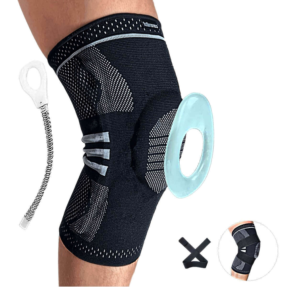 Knæbind med skinner og silikone gel patella til støtte af knæ, løberknæ, menisk og ledbånd - KN15 PRO Carerelief - åndebar kvalitet