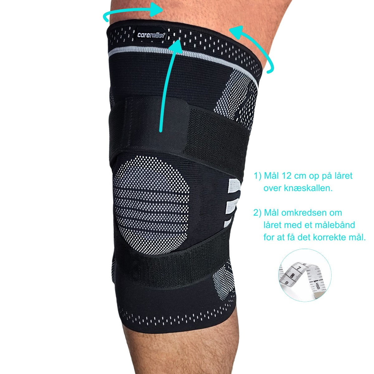 Knæbandage mod overbelastning, forvridning og alle knæskader - KN15 PRO fra Carerelief - S, M, L og XL.