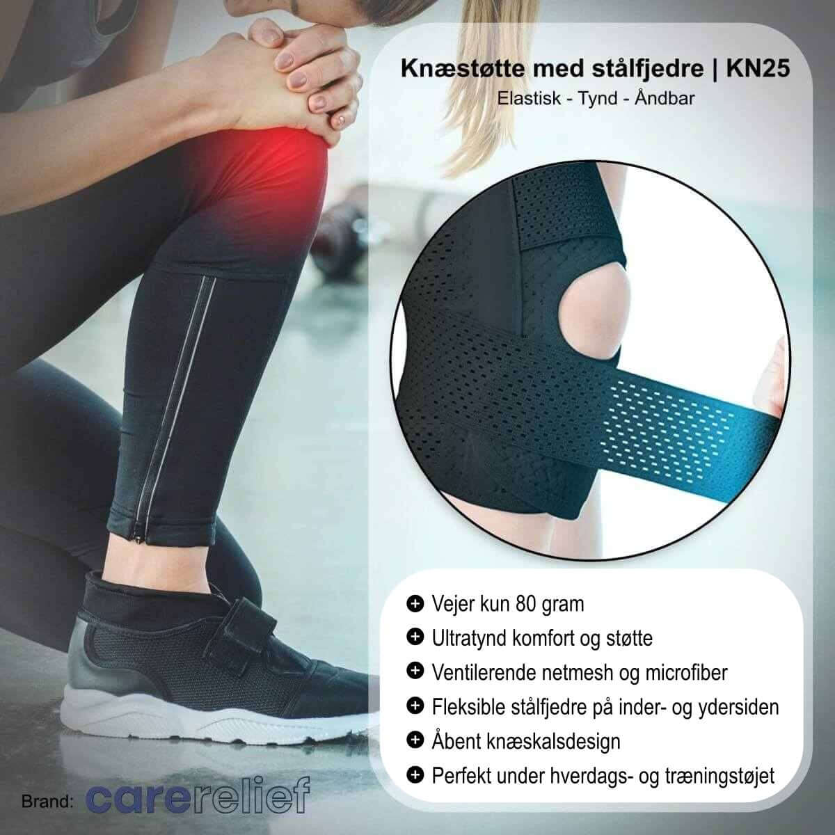 Knæstøtte med stålfjedre til et svagt og ustabilt knæ i 3 str. Køb slankt og åndbart knæbind KN25 hos Carerelief. Kan justeres og bæres under tøjet ved sport og i hverdagen.