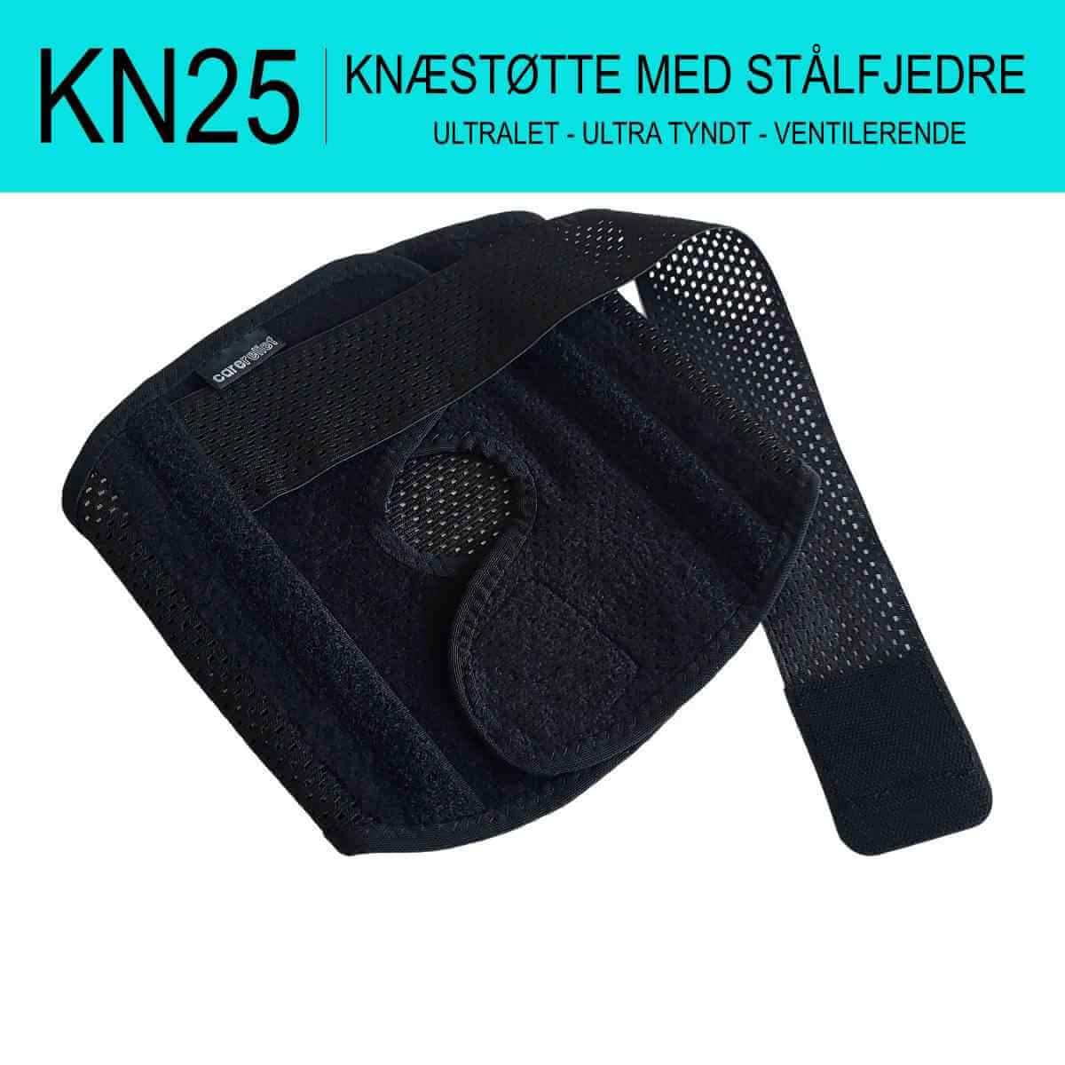 Knæstøtte med stålfjedre og knæstrop, str. M, L, XL. Komfort og støtte til knæ og knæskal. Køb ultra let sort knæbind KN25 i tynde og åndbare materialer (vejer 80 gram) online hos Carerelief.