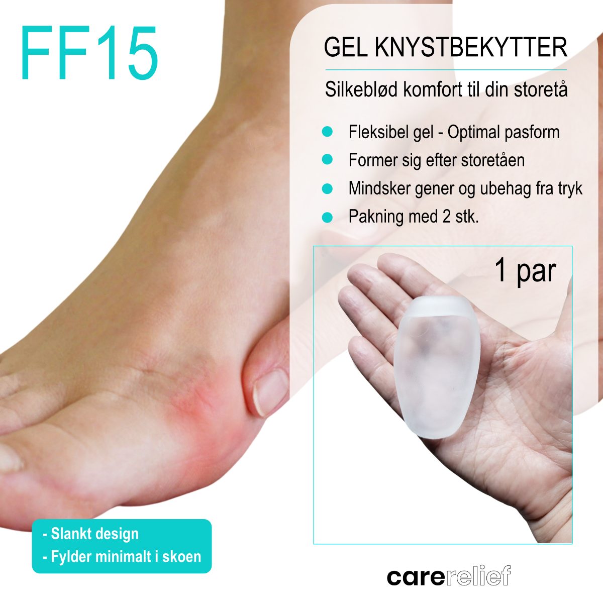 Tynd gel knystbeskytter i diskret design. Blid silikone beskyttelse der aflaster ømme knyster ved friktion, tryk og pres. Køb 2 stk. billigt hos Carerelief.dk. 