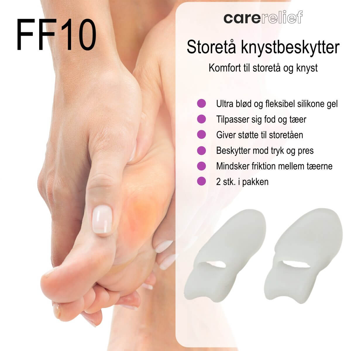 Knystbeskytter med tåskiller i silikone giver blød komfort og støtte til storetå, der holdes adskilt til næste tå i ret position. Køb tåspreder storetå (1 par) online hos Carerelief.dk i dag! 