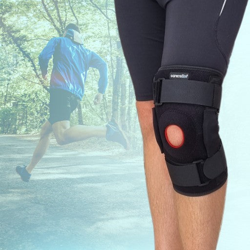 Køb knæbind med skinner, knæstøtte med hængsler og springerknæ bind mod smerter fra overbelastning, slidgigt, meniskskade, korsbåndsskade og springerknæ hos Carerelief.dk.