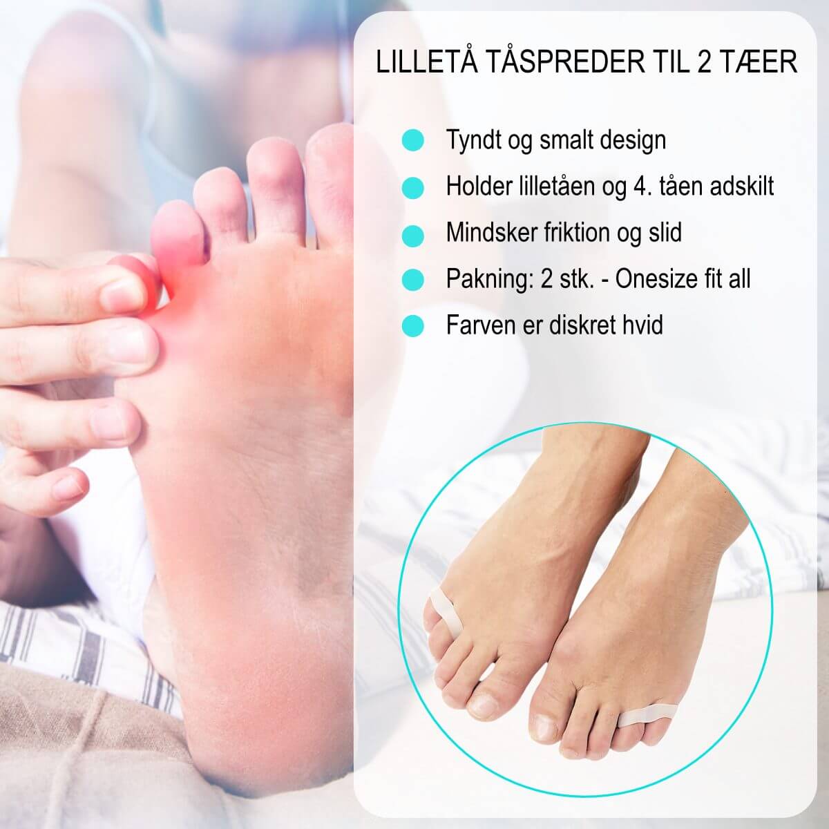 Lilletå tåskiller med tåspreder af blød silikone gel adskiller en øm lilletå fra 4. tå ved hammertå og overlappende tæer. Køb tynd lilletå adskiller med 2 huller online hos Carerelief.dk.