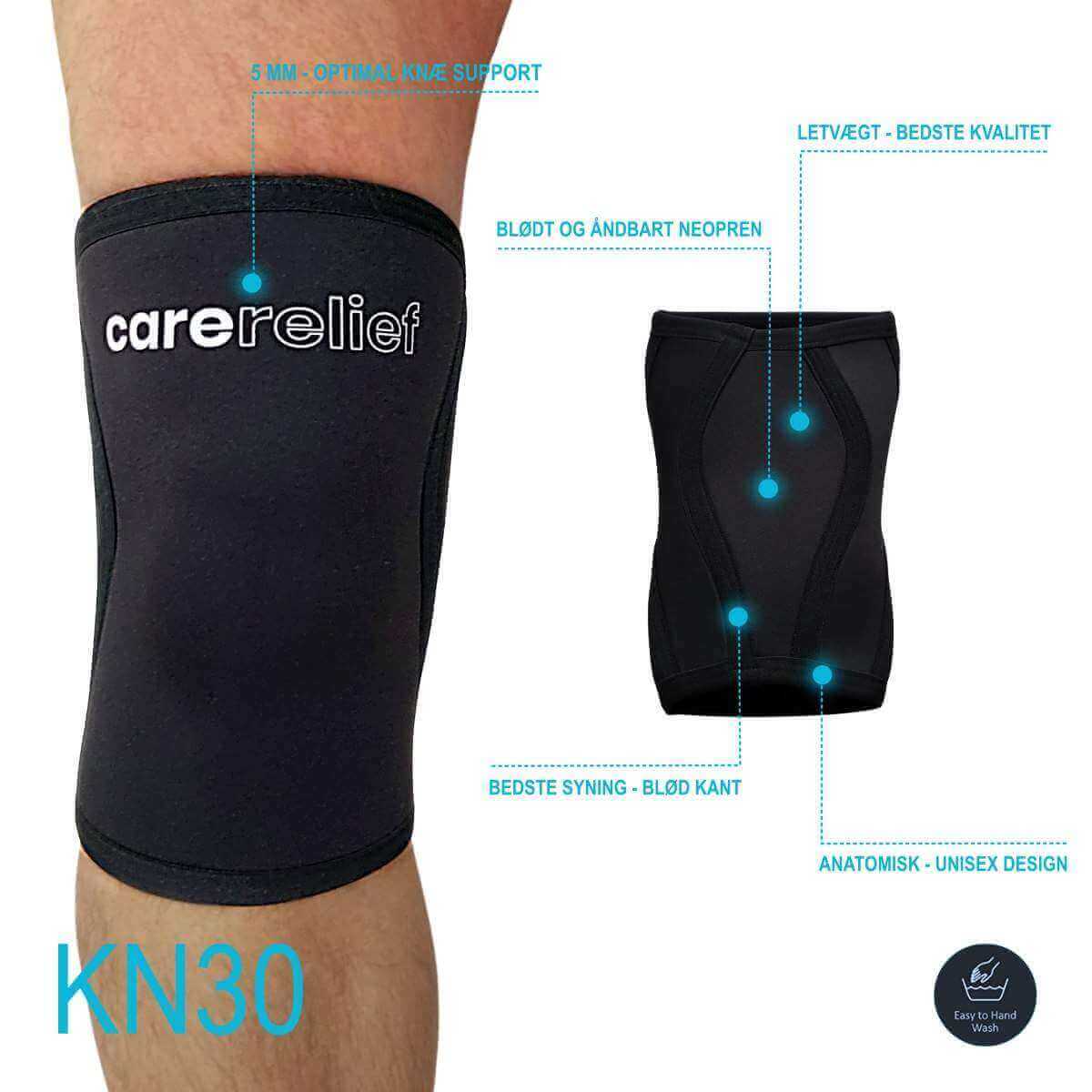 Carerelief knæbind neopren 5 mm af bedste kvalitet, str. S,M, L, XL og XXL. Støttebind til knæet med optimal knæstøtte mod smerter og skader ved løb og sport. Køb sports knæbind i sort neopren hos Carerelief.dk. 