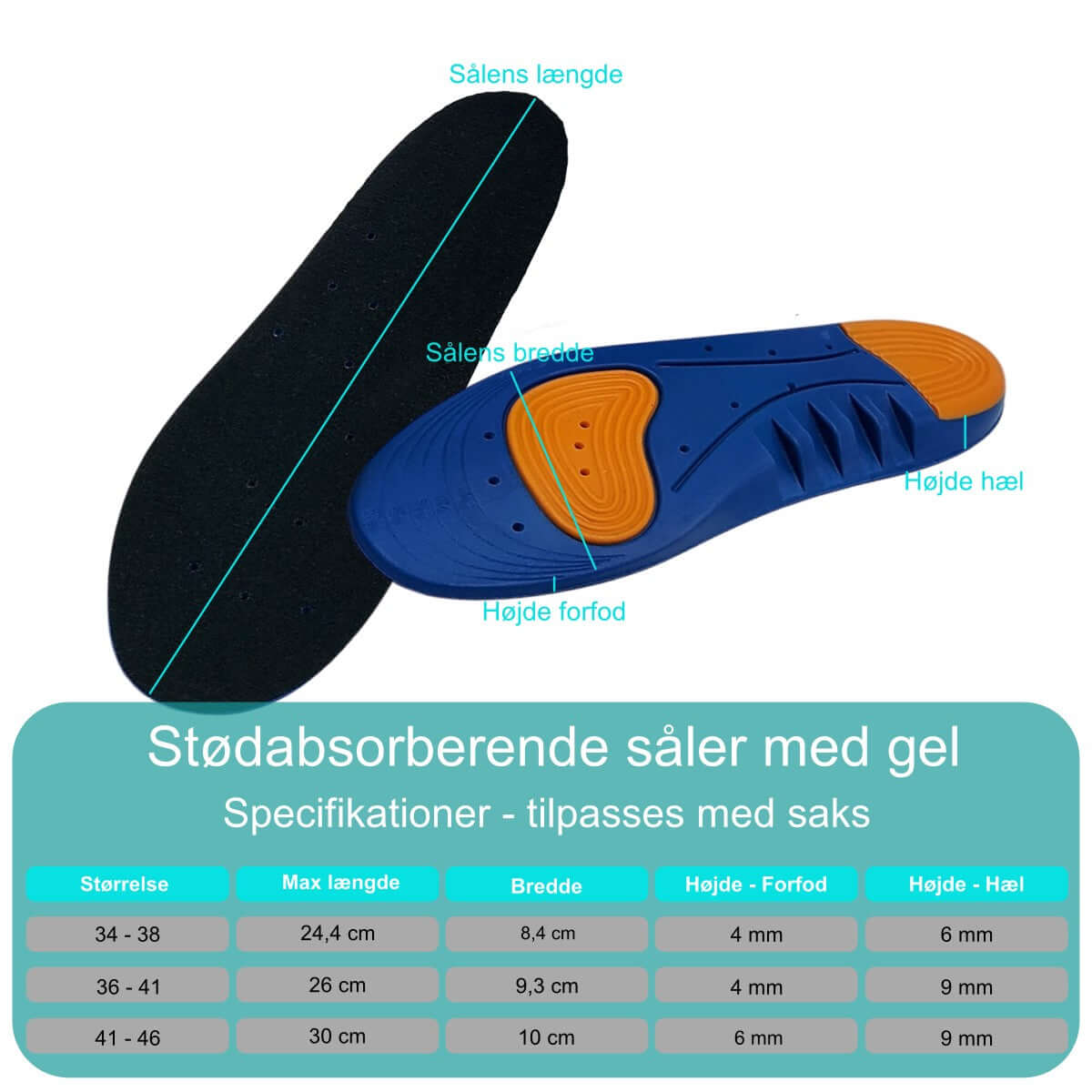 Behagelige ortopædiske indlægssåler i med gel i forfod og hæl mindsker stød og smerter i hele foden ved løb og gang. Køb støddæmpende såler str. 34 til 46 billigt hos Carerelief.dk.