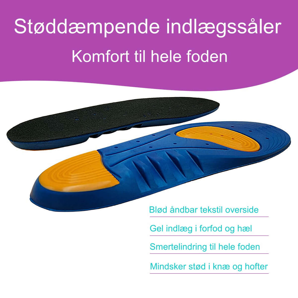 Stødabsorberende Indlægssål i PU med GEL. Indlæg mod smerter i forfod og hæl - Køb løbesål og sportssål til nedsunken forfod, hælspore og akillessenebetændelse. 1 par - Billig pris.