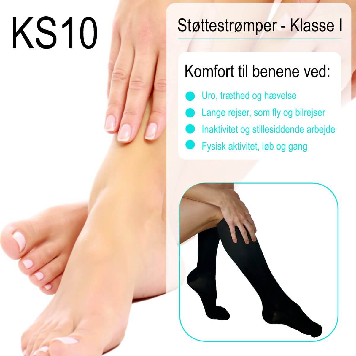 Støttestrømper klasse I er nyttige ved inaktivitet, bil og fly rejser, uro, hævelse, tunge og trætte ben og ankler. Køb 1 par kompression knæstrømper kl. 1 hos Carerelief.dk.  