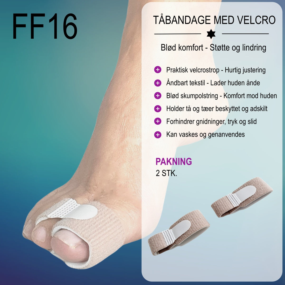Bestil blød tåbandage med velcro strop fra Carerelief.dk som støtte forbinding og tåbeskytter ved hammertæer, forstuvet eller brækket tå. Bestil 2 stk. tåbandage online med hurtig fragt!