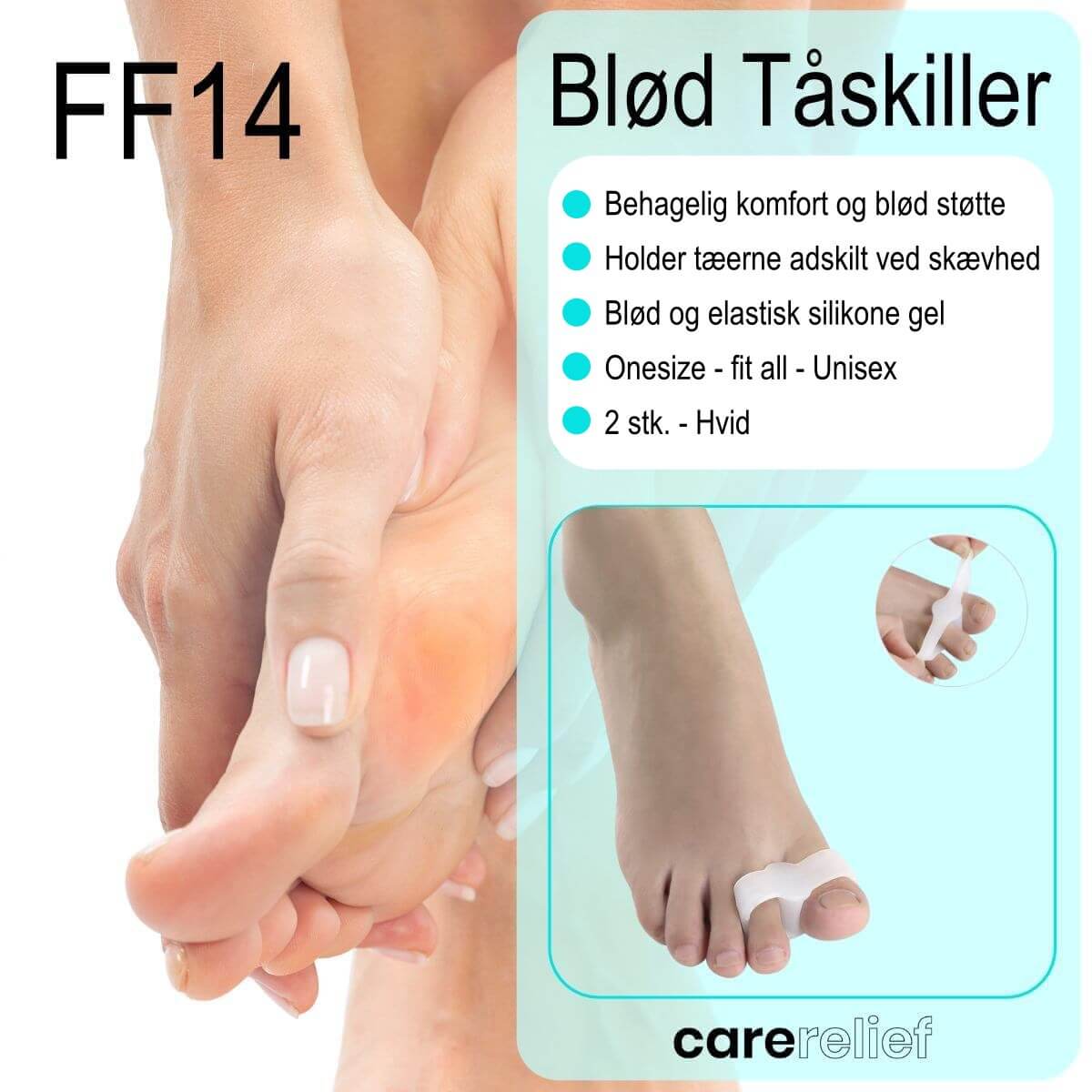 Tåskiller at blød silikone gel giver komfort og støtte toæ storetå og næste tå, der holdes adskilt. Køcb 2 stk. tåspreder til 2 tæer ved overlap og gnindning hos Carerelief.dk.