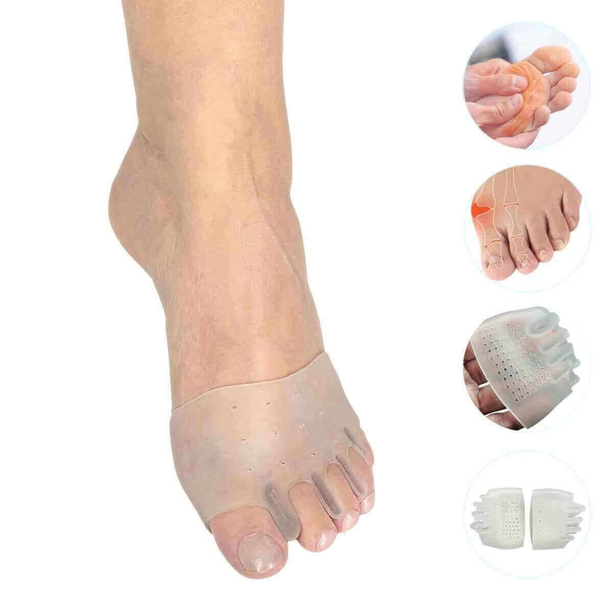Køb 1 par tåspreder til 5 tæer hos Carerelief. Helfods tåskiller med forfodsstøtte af silikone gel holder skæve tæer adskilt og giver aflastning til forfoden. 