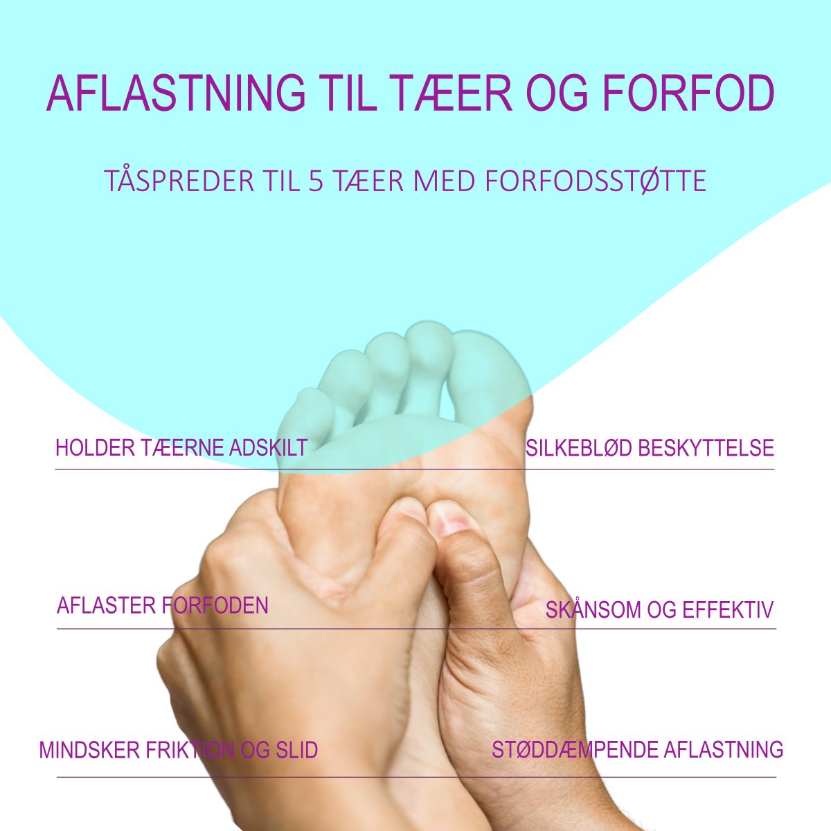Køb 1 par tåspreder til 5 tæer af silikone med blød gelpude til trædepuden hos Carerelief, der giver lindring ved skæve tæer og forfodsnedfald.  