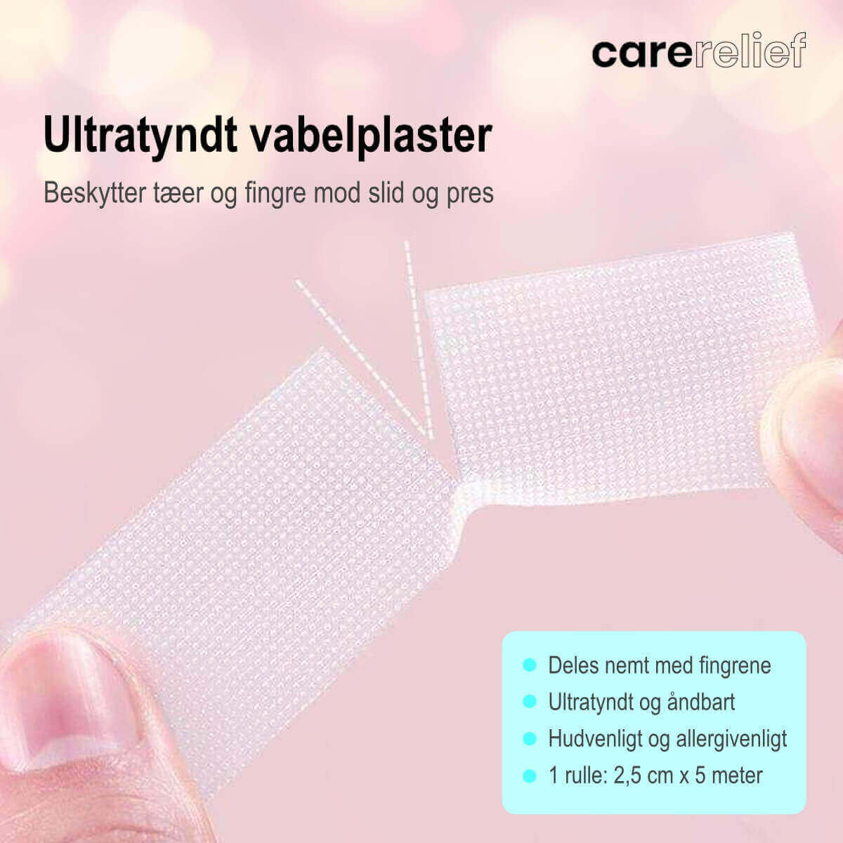 Vabelplaster til knyster, tæer, hæle og fingre er ultrablødt og åndbart. Køb 1 rulle plaster med 5 m mod vabler og gnavsår billigt hos Carerelief.dk..