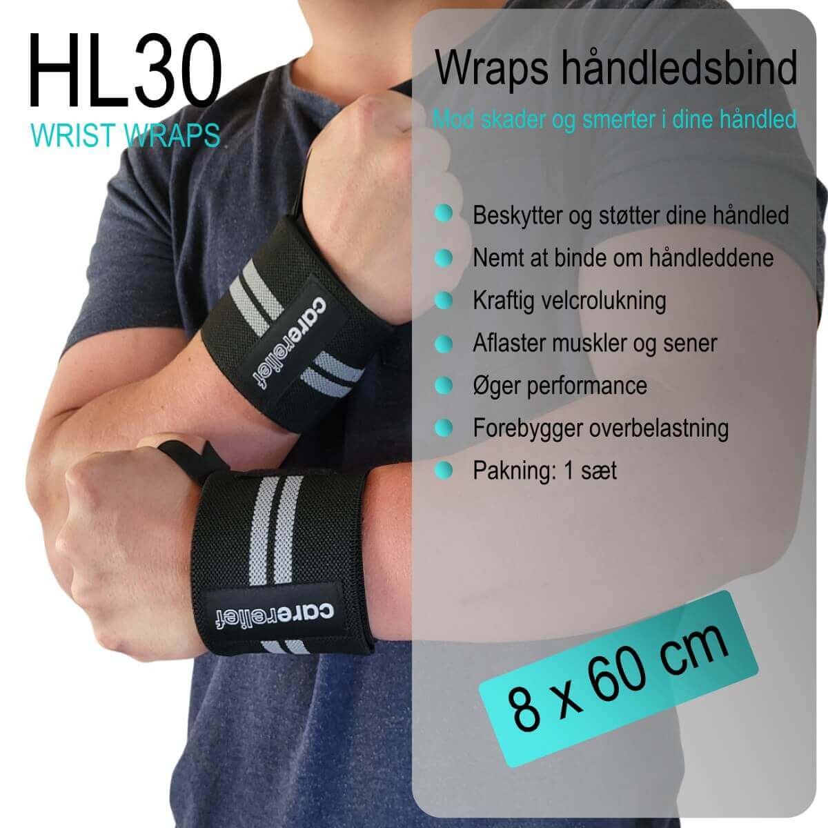 Wrist Wraps sæt 60x8 cm giver stabilitet og støtte til håndleddene ved tunge løft. Køb 1 sæt håndledsbind med håndledstøtte til træning hos Carerelief.dk.