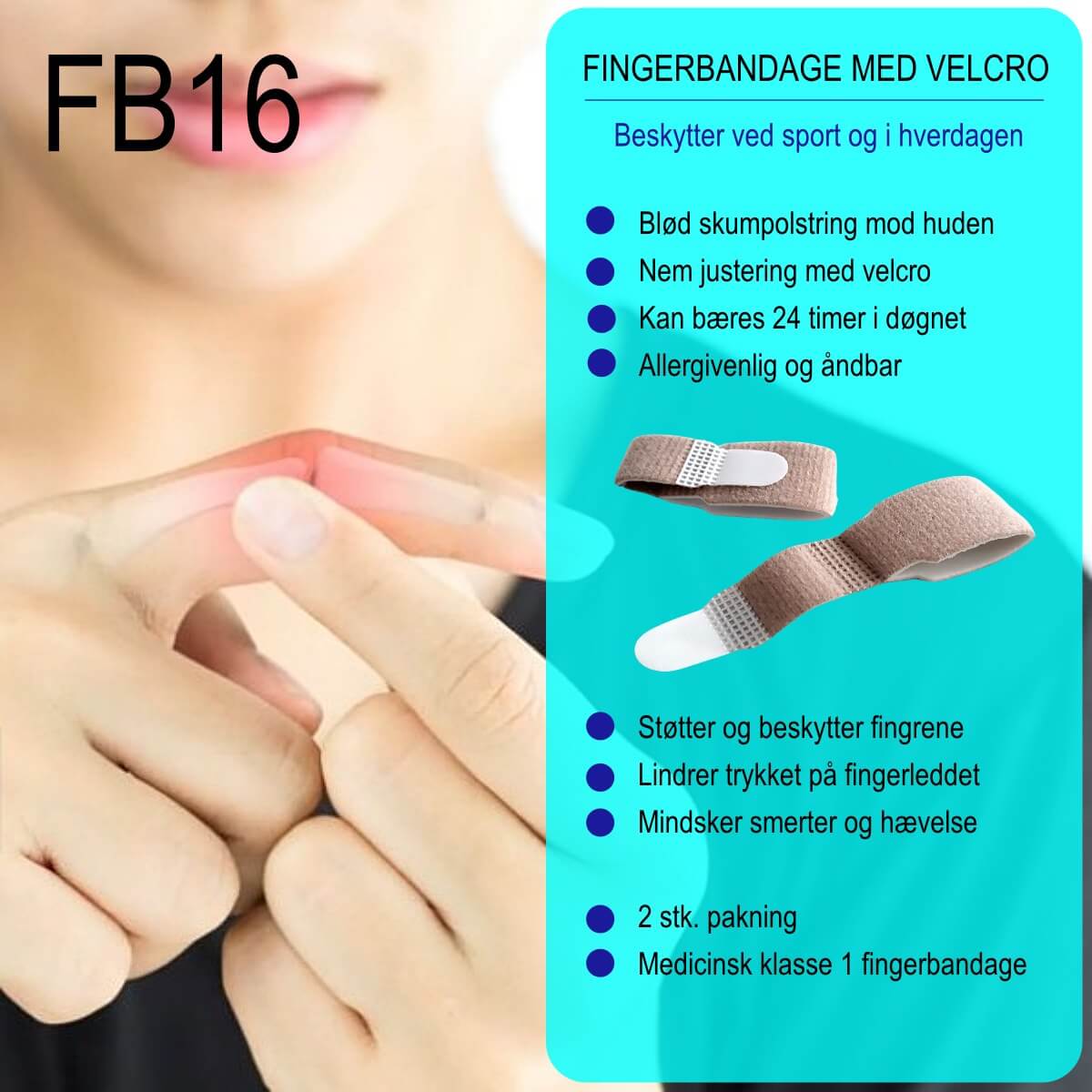 Fingerbandage med velcro og skum FB16 Care - til at støtte og beskytte finger ved sport og i hverdagen