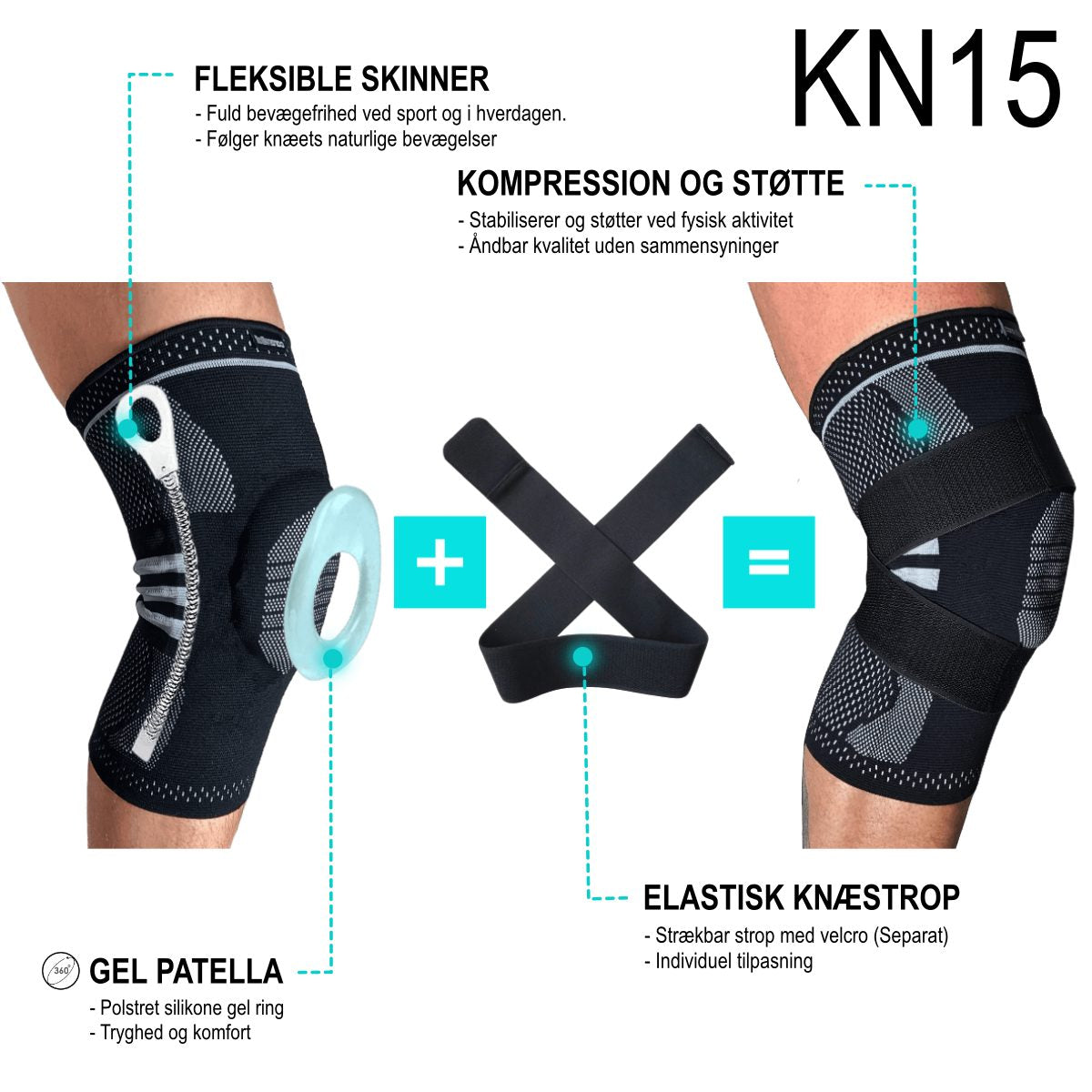 Knæbind med sideskinner til løb, sport og genoptræning KN15 PRO - Knæbandage med stabil støtte fil knæ, menisk, løberknæ og ved knæproblemer