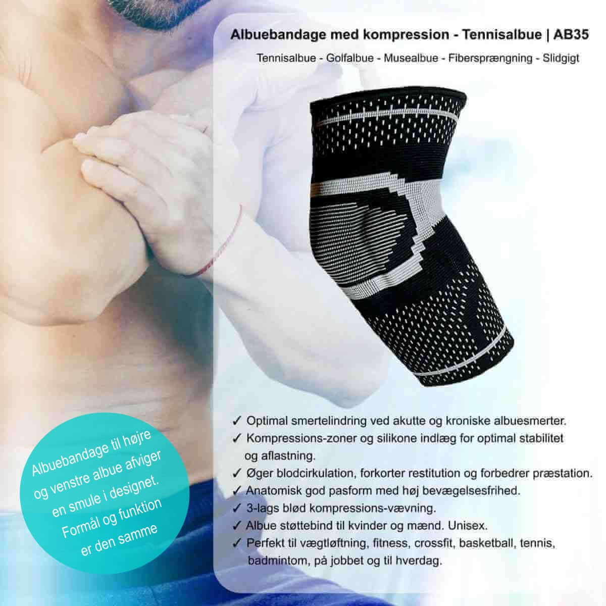 Albuebind med kompression og støtte til smertelindring ved tennisalbue - AB35 Epi 