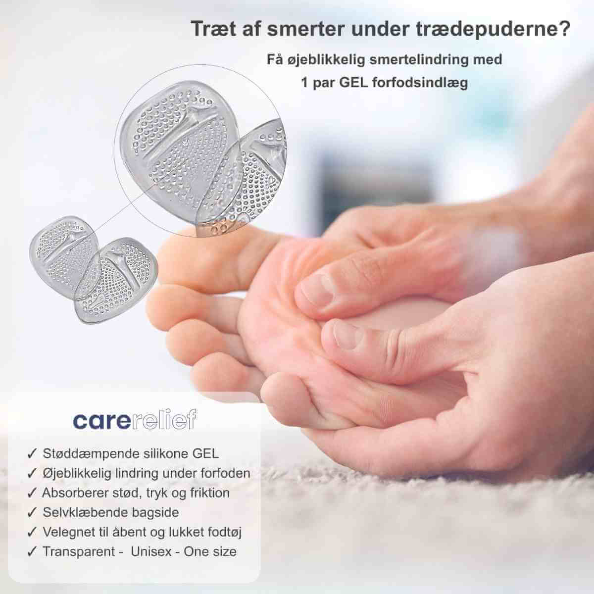 Forfodsindlæg af gel absorberer stød under trædepuden ved nedsunken forfod. Amå gel indlæg til sko aflaster en nedsunken forfod. Køb gel indlægssåler til forfoden billigt hos Carerelief.dk.