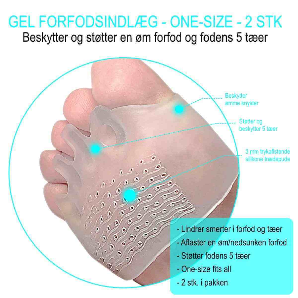 Blød gel forfodsindlæg med 3 mm trædepude beskytter til nedsunken forfod/forfodsfald. Køb 2 stk. støddæmpende gel forfodsbind mod smerter i fodballen under forfoden. Forhindrer friktion mellem fodens 5 tæer ved Hallux Valgus.