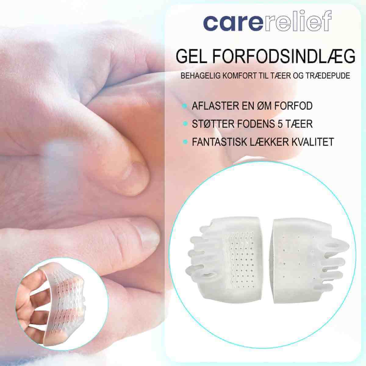 Køb forfodsindlæg i trykaflastende gel med 3 mm silikone pude/ trædepude beskytter, 2 stk. Blødt forfodsbind lindrer smerter ved nedsunken forfod, forfodsplatfod og støtte til fodens 5 tæer ved Hallux Valgus.