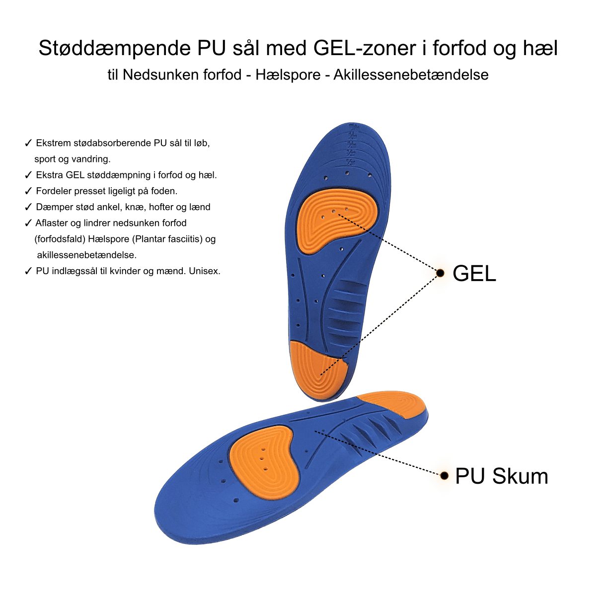 Stødabsorberende indlægssål til sport og fritid. Bedste PU sål med GEL-zoner i forfod og hæl til nedsunken forfod, hælspore og akillessenebetændelse. Sportssål i PU skum. 1 par - bedste pris