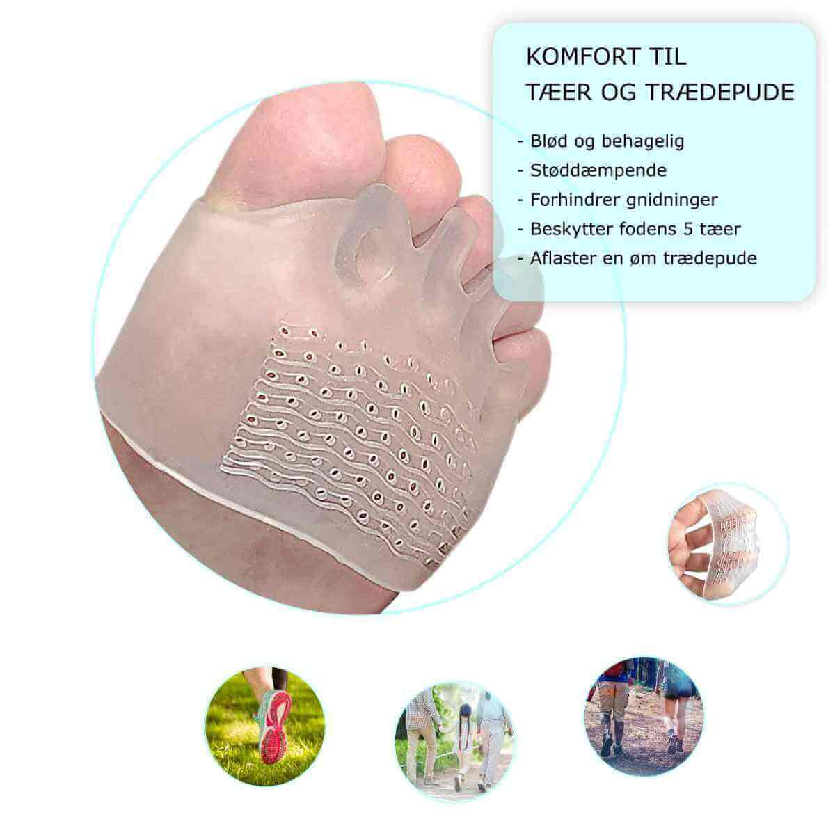 Køb 1 par tåspreder til 5 tæer af blød og fleksibel silikone med gel trædepude beskytter hos Carerelief.dk. De holder tæerne adskilt og giver aflastning til en øm forfod ved løb og gang. 