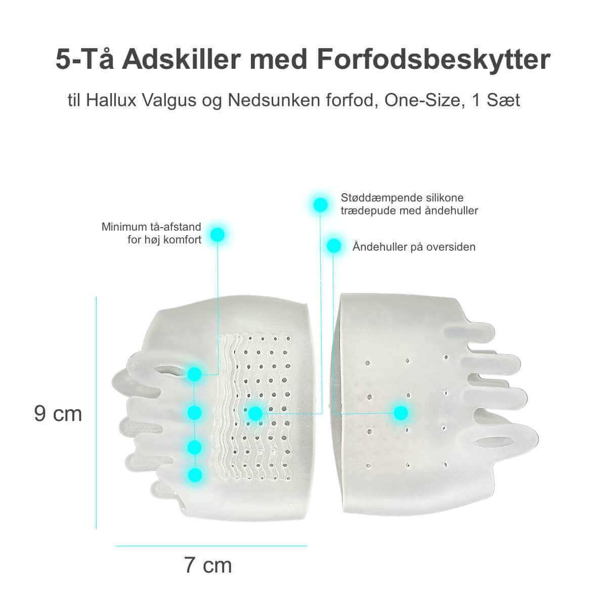 Køb 1 par bløde kombi tåspreder til 5 tæer med trædepude beskytter af blød silikone gel, der giver komfort og aflastning til ømme tæer og forfod på Carerelief. dk. 