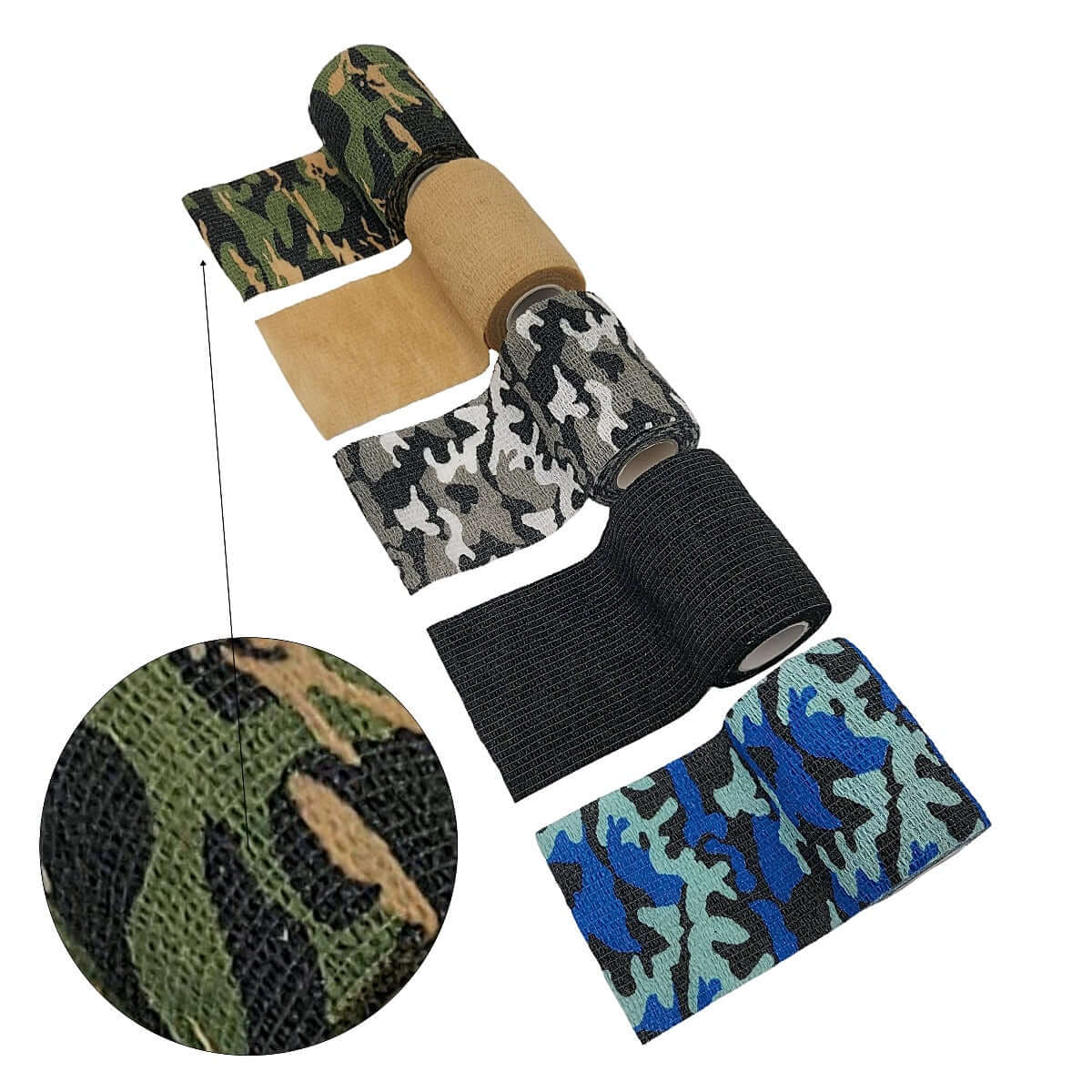 Køb wrap Bandage online, Sportstapen er en blød bandage med kompressions-effekt, der gier støtte og aflsastning til led og muskler ved løb, sport og de tunge løft. Grøn Camo. 7,5 cm x 460 cm.
